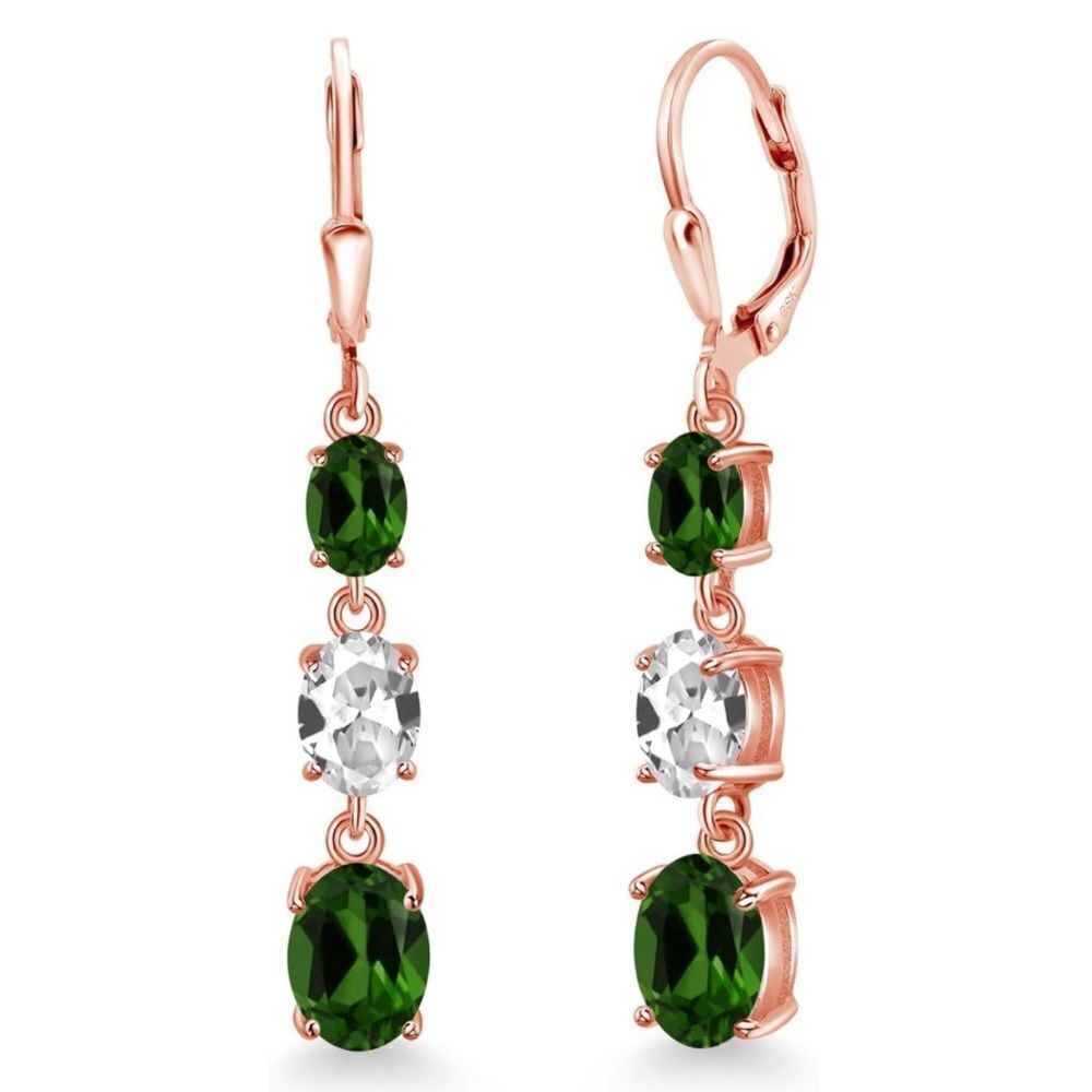 18K Rose Gold with 5.50 Cttw 3 Stone Chrome Diopside and White Sapphire Earrings